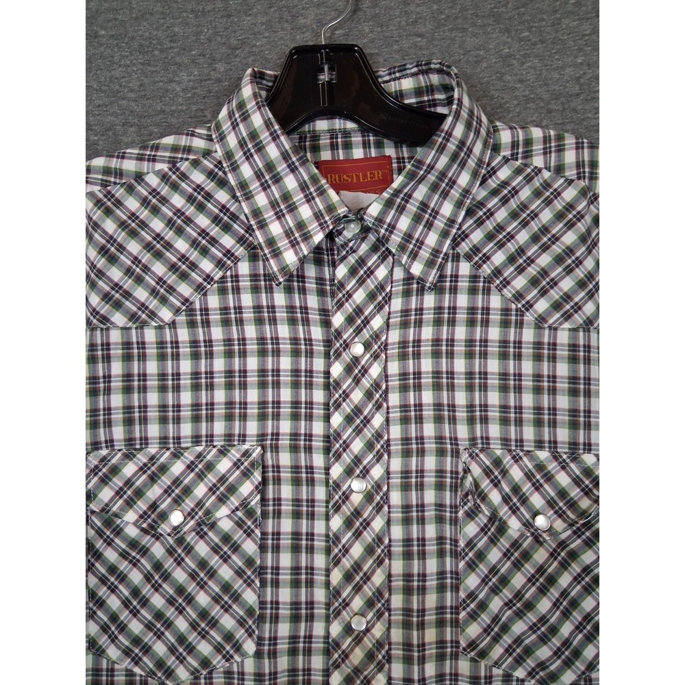 Rustler Mens Shirt Large Green Plaid Pearl Snap Western Ranch Cowboy Dance
